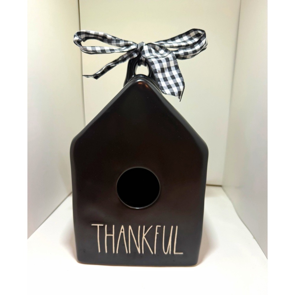 Rae Dunn Black "THANKFUL" Ceramic Bird House Black & White Gingham Bow! NWOT 🪺